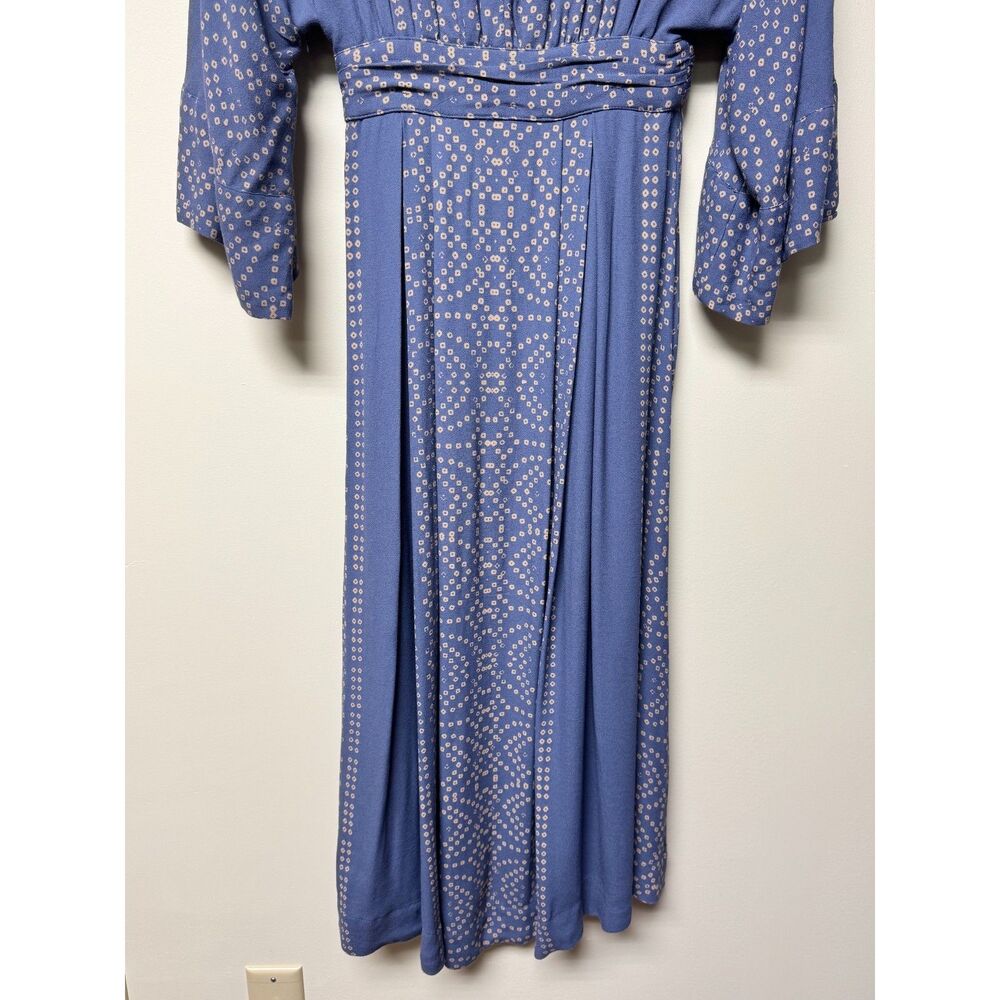 FREE PEOPLE Blue/Tan Modern Kimono Sleeve V-Neck Lace Up Midi/Maxi Dress, Sz 2 - Picture 12 of 16
